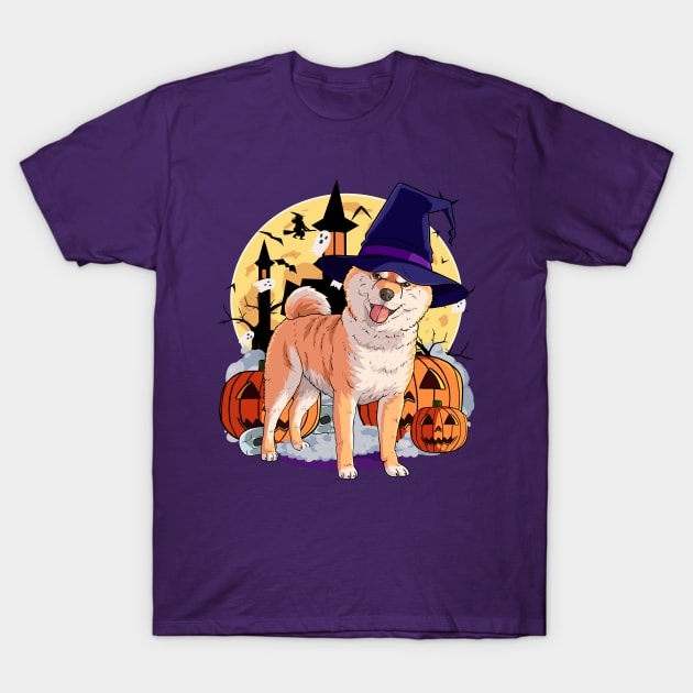 Shiba Inu Scary Dog Halloween Witch Pumpkin T-Shirt by Noseking